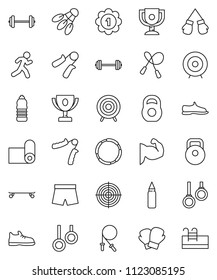 thin line vector icon set - award cup vector, target, barbell, weight, jump rope, hand trainer, punching bag, muscule, snickers, boxing glove, shorts, skateboard, medal, water bottle, fitness mat
