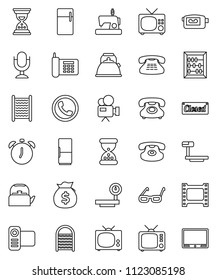 thin line vector icon set - washboard vector, kettle, glasses, alarm clock, abacus, money bag, sand, phone, big scales, film frame, tv, video camera, microphone, classic, fridge, closed