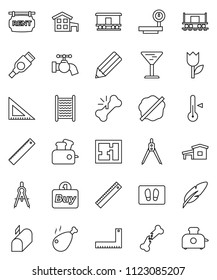 thin line vector icon set - water tap vector, splotch, welcome mat, washboard, thermometer, chicken leg, pen, pencil, corner ruler, drawing compass, Railway carriage, glass, tulip, big scales, hdmi