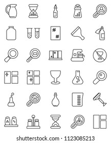 thin line vector icon set - scraper vector, window cleaning, shining, oil, measuring cup, hand mill, spices, jug, jar, magnifier, flask, no alcohol sign, glass, cargo search, vial, sand clock