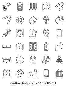 thin line vector icon set - kettle vector, atom, magnet, weight, hand trainer, muscule, gymnast rings, flammable, remote control, battery, rca, gear, solar panel, air conditioner, factory, speaker