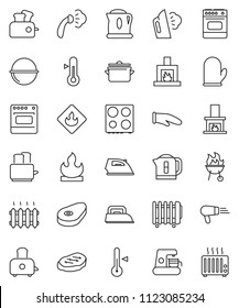 thin line vector icon set - iron vector, steaming, pan, camping cauldron, cook glove, toaster, oven, thermometer, bbq, steak, flammable, fireplace, heating, coffee maker, hair dryer, kettle, heater