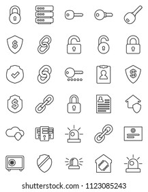 thin line vector icon set - certificate vector, personal information, dollar shield, safe, protected, link, cloud, big data, server, chain, lock, unlock, key, siren, smart home, protect, password