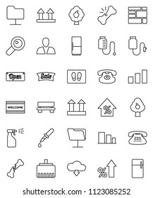 thin line vector icon set - welcome mat vector, sprayer, percent growth, consolidated cargo, top sign, sorting, classic phone, magnifier, dropper, broken bone, drop counter, network folder, bench