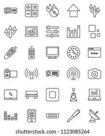 thin line vector icon set - pen vector, laptop graph, arrow up, clock, music hit, camera, antenna, equalizer, remote control, notebook pc, stop button, hdmi, browser, bench, loading, route, wireless