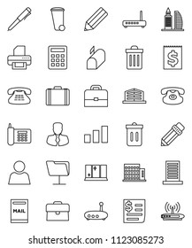 thin line vector icon set - trash bin vector, shining window, pencil, case, pen, manager, phone, receipt, sorting, classic, network folder, router, user, mailbox, apartments, office building
