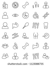 thin line vector icon set - student vector, manager, muscule hand, buttocks, stairways run, bone, client, group, disabled, eye, dna, pregnancy, insemination, chromosomes, sperm, tooth, user, login