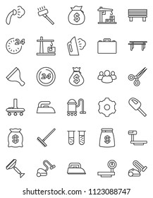 thin line vector icon set - scraper vector, vacuum cleaner, rake, iron, steaming, case, money bag, horizontal bar, big scales, group, vial, scissors, gear, bench, construction crane, 24 hour