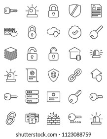 thin line vector icon set - certificate vector, personal information, protected, link, cloud shield, big data, server, firewall, chain, lock, key, siren, unlock, smart home, protect, dollar