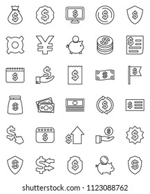 thin line vector icon set - exchange vector, dollar coin, cash, money bag, piggy bank, investment, growth, receipt, medal, flag, shield, calendar, monitor, cursor, any currency, yen sign