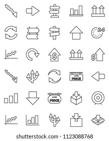 thin line vector icon set - graph vector, crisis, dollar growth, target, arrow down, up, signpost, top sign, package, sorting, refresh, redo, route, low price signboard, 24 hour