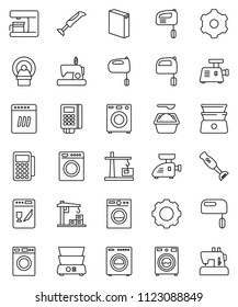 thin line vector icon set - washer vector, washing powder, mixer, double boiler, blender, tomography, gear, construction crane, card reader, dishwasher, coffee maker, meat grinder, sewing machine