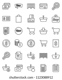 thin line vector icon set - dollar coin vector, cart, credit card, stack, receipt, estate document, search, new, shopping bag, buy, barcode, reader, basket, list