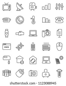 thin line vector icon set - toaster vector, thermometer, notebook pc, heart monitor, sorting, satellite antenna, tv, settings, video camera, remote control, classic phone, rca, dna, server, browser