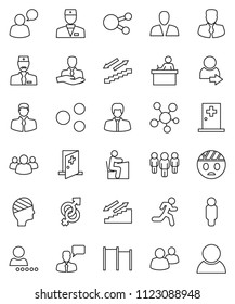thin line vector icon set - student vector, manager, man, horizontal bar, stairways run, client, speaking, social media, group, doctor, gender sign, head bandage, medical room, share, login
