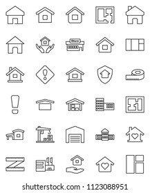 thin line vector icon set - house hold vector, school building, measuring, dry cargo, home, attention sign, cottage, barn, plan, love, construction crane, protect, mall, window