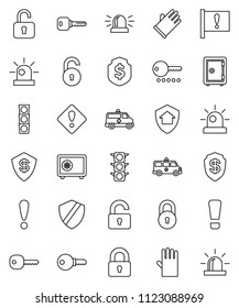 thin line vector icon set - rubber glove vector, dollar shield, safe, attention, traffic light, amkbulance car, lock, unlock, key, sign, siren, home protect, password