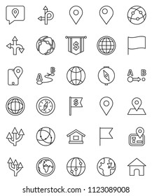 thin line vector icon set - compass vector, world, flag, dollar, route, navigator, earth, map pin, traking, internet, connection, globe, arrow, home