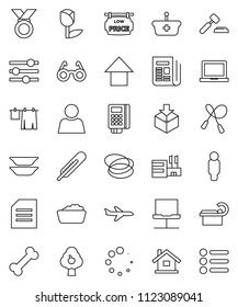 thin line vector icon set - drying clothes vector, foam basin, plates, glasses, notebook pc, document, auction, man, arrow up, jump rope, medal, bone, hoop, plane, tulip, package, newspaper, network