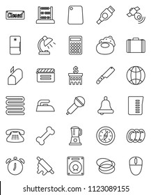 thin line vector icon set - soap vector, iron, plates, measuring cup, towel, knife, rolling pin, cutting board, bell, table lamp, alarm clock, compass, abacus, case, bank building, calculator, bone