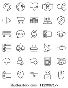 thin line vector icon set - cart vector, laptop graph, calculator, earth, satellite antenna, video camera, finger down, disconnection, cloud shield, exchange, server, browser, hub, lan connector