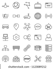 thin line vector icon set - antenna vector, social media, connect, connection, network, notebook, disconnection, big data, server, browser, gear, firewall, router, lan connector, share, message, pin