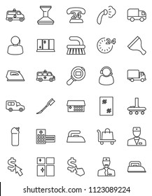 thin line vector icon set - scraper vector, vacuum cleaner, fetlock, car, window cleaning, iron, steaming, agent, shining, dollar cursor, phone 24, support, delivery, cargo search, doctor, hour