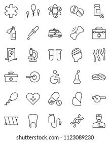 thin line vector icon set - atom vector, pills vial, doctor bag, ambulance star, disabled, heart cross, flask, dna, insemination, dropper, broken bone, eye hat, microscope, chromosomes, potion, head