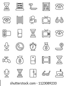 thin line vector icon set - water tap vector, washboard, glasses, alarm clock, abacus, money bag, sand, phone, big scales, film frame, video camera, microphone, classic, fridge, tv, sewing machine