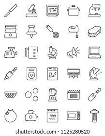 thin line vector icon set - sponge vector, pan, colander, measuring cup, skimmer, mixer, microwave oven, double boiler, microscope, table lamp, fitball, cinema clap, tv, speaker, thumbtack, jack