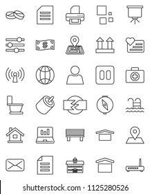 thin line vector icon set - toilet vector, university, compass, presentation, document, laptop graph, pool, heart monitor, first aid kit, navigator, map pin, dry cargo, top sign, mail, pause button