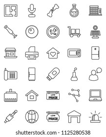 thin line vector icon set - office vector, phone, cargo, warehouse, microphone, speaking man, jack, flask, broken bone, microbs, ovule, network, usb modem, lan connector, globe, house, solar panel