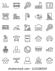 thin line vector icon set - house vector, cottage, pond, pool, mailbox, solar panel, mountain, garage, barn, plan, rooms signboard, sold, apartments, search estate, client, consumer, crib, table