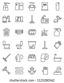 thin line vector icon set - scraper vector, cleaner trolley, vacuum, mop, rake, sponge, towel, trash bin, window cleaning, steaming, bath, toilet, washing powder, liquid soap, agent, rubber glove