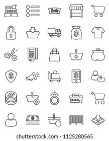 thin line vector icon set - cart vector, dollar coin, wallet, cash, money bag, sale, shopping, market, mall, customer, barcode, card reader, cashbox, basket, trolley, delivery, loudspeaker, lock