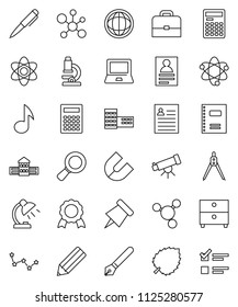 thin line vector icon set - copybook vector, pen, pencil, school building, drawing compass, case, atom, telescope, microscope, table lamp, calculator, notebook pc, paper pin, medal, magnet, music