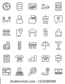 thin line vector icon set - signpost vector, navigator, earth, office, traffic light, phone, 24, support, traking, ship, calendar, consolidated cargo, clipboard, document, glass, umbrella, no hook