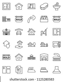 thin line vector icon set - cleaner trolley vector, fetlock, sponge, window cleaning, iron, steaming, shining, house hold, sink, microwave oven, university, school building, chalet, garage, plan