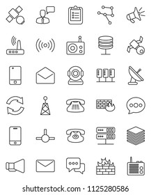 thin line vector icon set - clipboard vector, satellite, radio, antenna, loudspeaker, mobile phone, dialog, speaking man, classic, mail, connect, network, server, big data, firewall, router, message