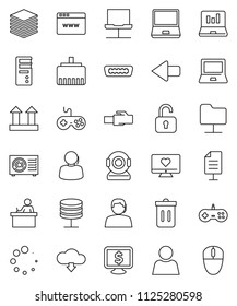 thin line vector icon set - trash bin vector, student, notebook pc, laptop graph, monitor dollar, heart, support, top sign, gamepad, hdmi, network, folder, server, big data, browser, lan connector