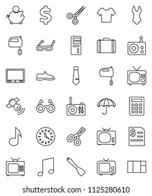 thin line vector icon set - spatula vector, mixer, glasses, scissors, music, piggy bank, case, annual report, tie, dollar sign, snickers, swimsuite, t shirt, clock, umbrella, radio, satellitie, tv