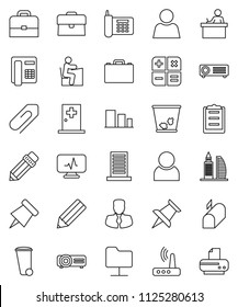 thin line vector icon set - trash bin vector, pencil, student, case, paper pin, manager, phone, clipboard, sorting, thumbtack, diagnostic monitor, medical room, network folder, router, attachment