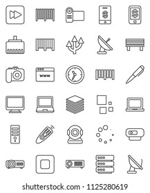 thin line vector icon set - pen vector, notebook pc, clock, barcode, camera, remote control, stop button, forward, big data, browser, lan connector, bench, loading, route arrow, tap pay, monitor
