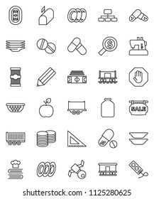 thin line vector icon set - plates vector, colander, cookbook, jar, pasta, pencil, corner ruler, apple fruit, coin stack, money search, hierarchy, stadium, pills, Railway carriage, satellite, stop