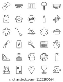 thin line vector icon set - vacuum cleaner vector, window cleaning, foam basin, agent, plates, shining, woman, colander, cook timer, ladle, cookbook, jug, corner ruler, backpack, punching bag, glass