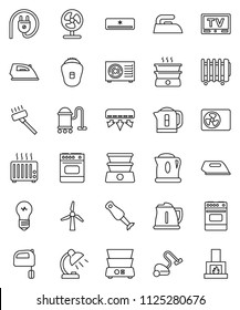 thin line vector icon set - vacuum cleaner vector, iron, kettle, mixer, oven, double boiler, blender, table lamp, tv, windmill, air conditioner, ari condition, power plug, epilator, fan, heater