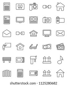 thin line vector icon set - welcome mat vector, microwave oven, blackboard, glasses, calculator, music, cash, money, top sign, monitor, mail, home, bench, connection, water supply, fence, camera