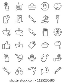 thin line vector icon set - cleaner trolley vector, foam basin, rubber glove, house hold, mixer, blender, chicken leg, dollar coin, investment, hand trainer, muscule, boxing, traking, touchscreen