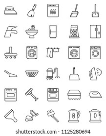 thin line vector icon set - scraper vector, broom, water tap, vacuum cleaner, scoop, sponge, steaming, drying clothes, washer, sink, kettle, colander, grater, fridge, iron, dishwasher, oven
