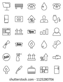 thin line vector icon set - water drop vector, welcome mat, sprayer, percent growth, consolidated cargo, top sign, sorting, classic phone, dropper, broken bone, counter, network folder, bench, sale